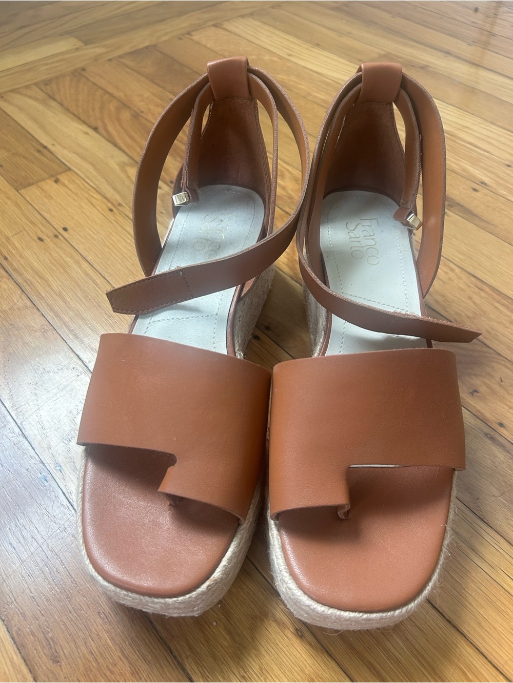 Franco Sarto Cognac Leather Espadrille Wedge Sandals